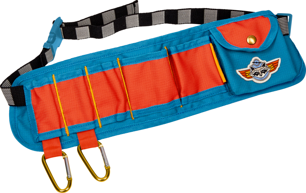 Bunter Spielzeug-Gürtel mit Taschen, zwei Karabinern und verstellbarem schwarz-weißem Riemen.