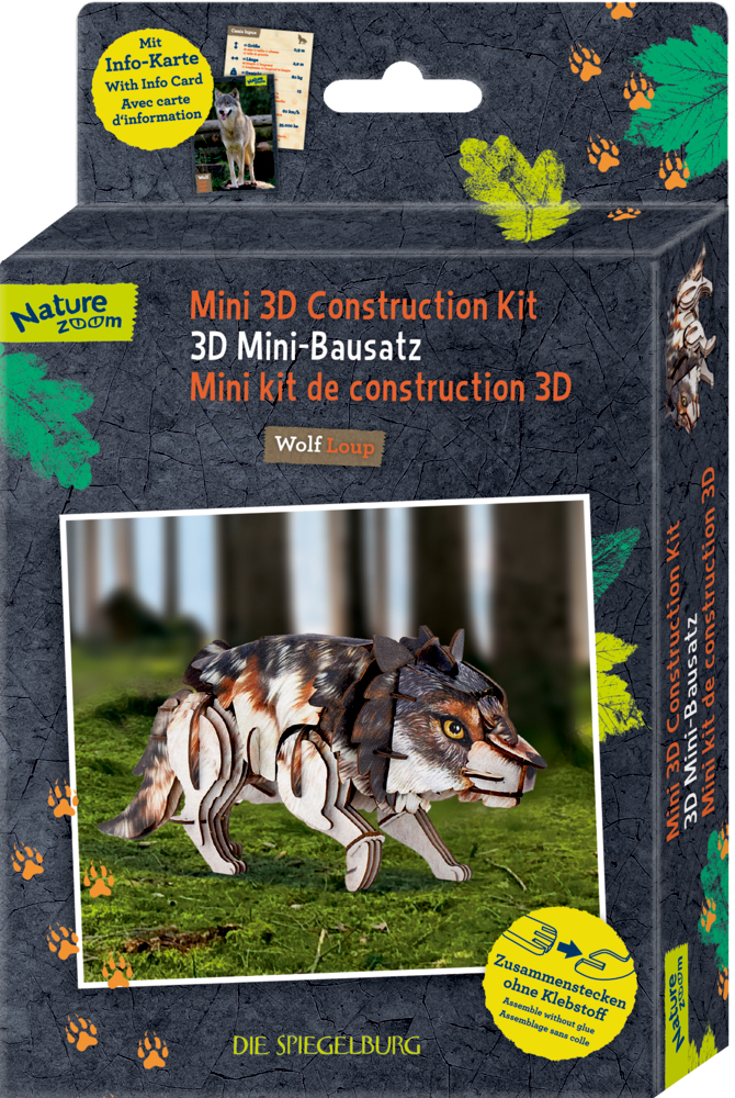 Verpackung eines 3D-Mini-Bausatzes mit Modell eines graubraunen Wolfes und mehrsprachiger Aufschrift sowie Fußabdrücken und Blättern.