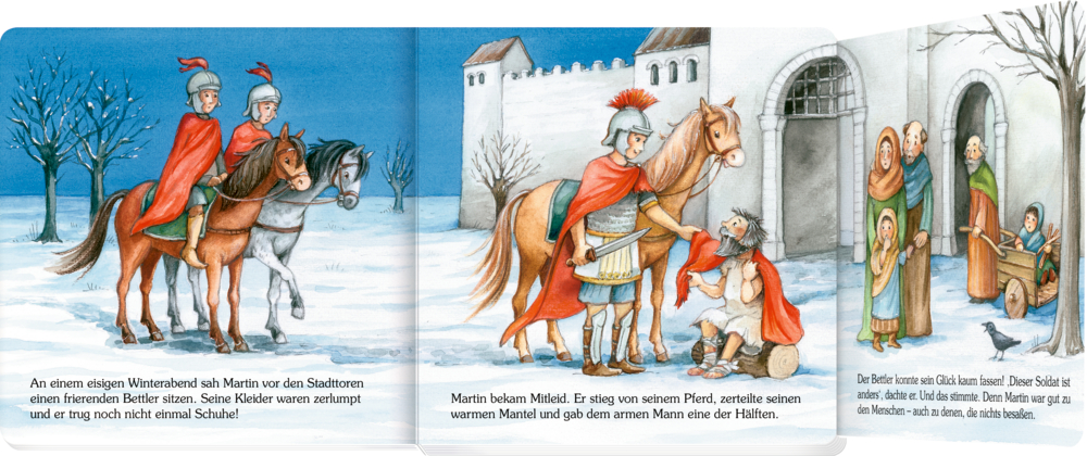 Auf einer Doppelseite mit Text treffen zwei berittene Soldaten im Schnee einen barfüßigen Bettler und ein weiterer Soldat teilt seinen Mantel mit diesem.
