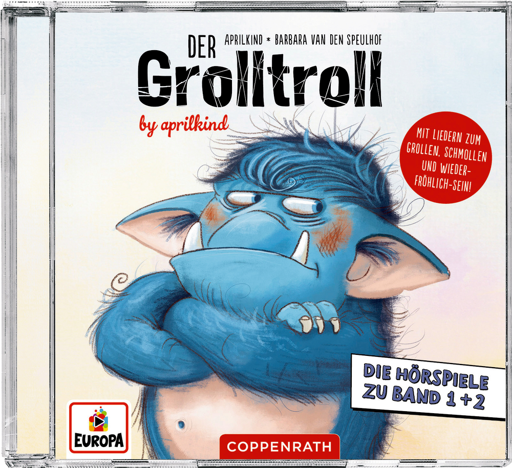Auf dem Cover eines Kinderhörbuchs ist ein blauer, mürrischer Troll mit verschränkten Armen zu sehen.