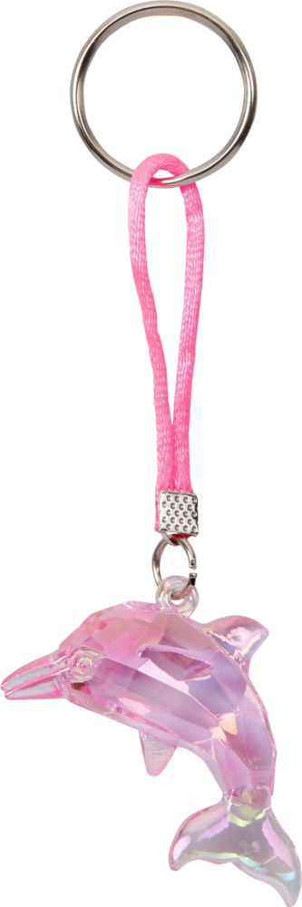 Facettierter rosa Delfin-Schlüsselanhänger mit rosa Riemen und Schlüsselring aus Metall.