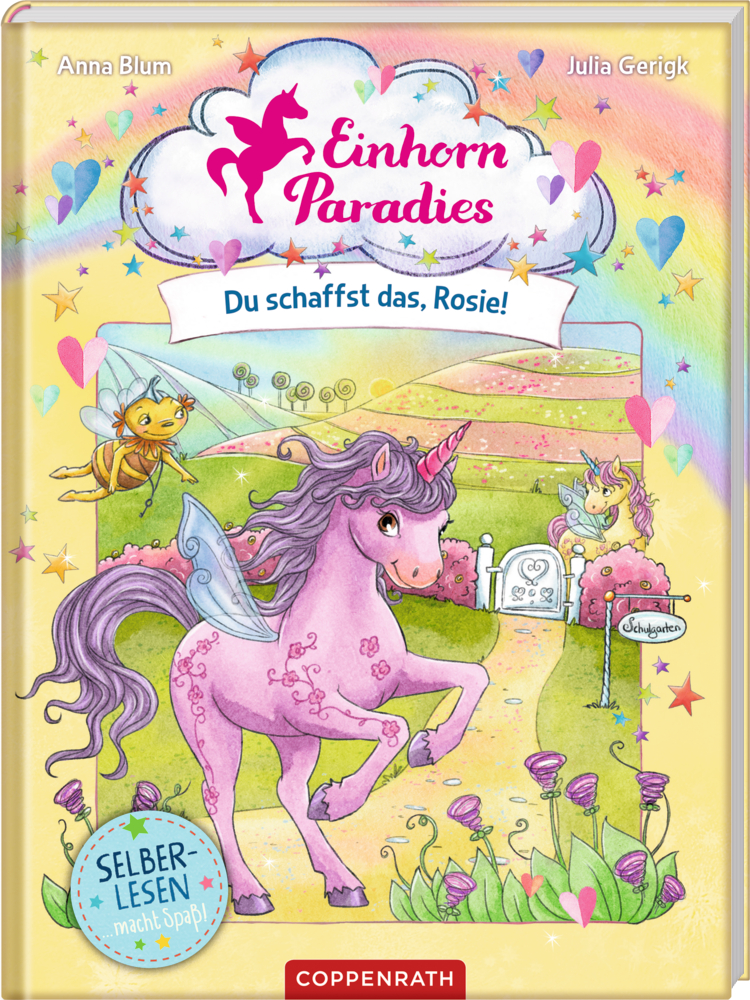 Ein lila Einhorn und eine Biene erkunden eine lebendige, magische Landschaft voller Blumen und eines Regenbogens.
