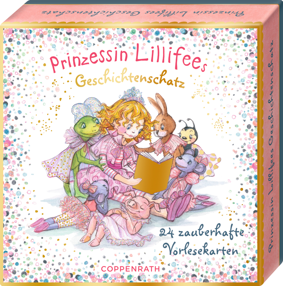 Prinzessin Lillifee liest Tierfreunden aus einem Buch vor, Schachtel mit der Aufschrift „Prinzessin Lillifees Geschichtenschatz“.