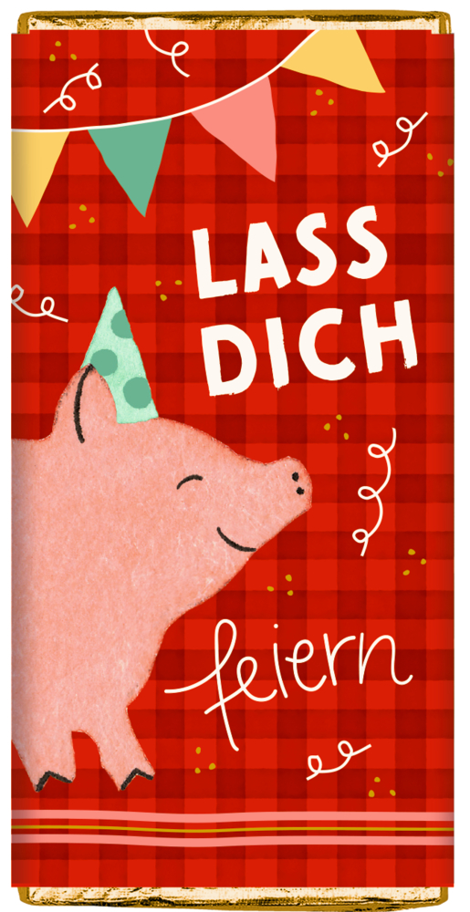 Rote Schokoladenverpackung mit gezeichnetem rosa Schwein im Partyhut, bunten Wimpeln und dem Text „Lass dich feiern“.