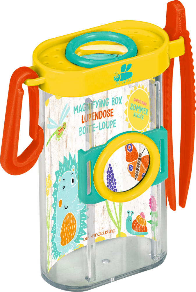 Bunte Kinderlupenbox mit Insektenillustrationen, orangefarbener Pinzette und gelbem Deckel mit Lupe.