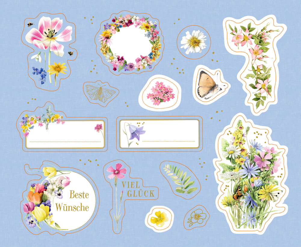 Blumensticker, Schmetterlinge und Begrüßungen auf blauem Hintergrund mit goldenen Akzenten.