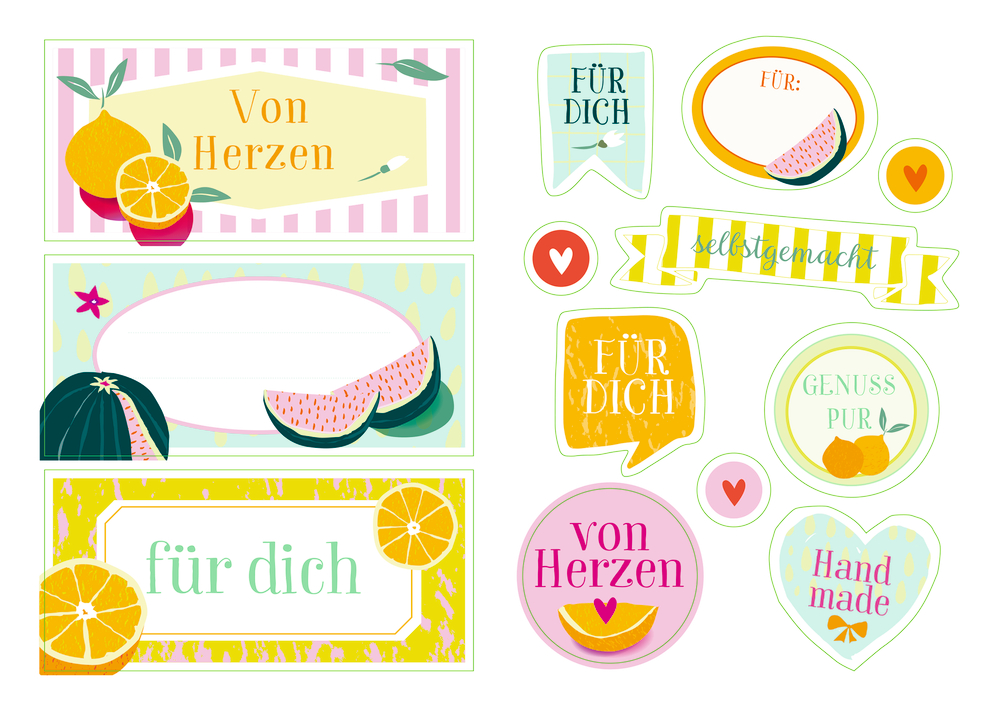 Bunte Obst- und Etikettenaufkleber in verschiedenen Formen mit deutschen Sprüchen wie „Von Herzen“ und „für dich“.
