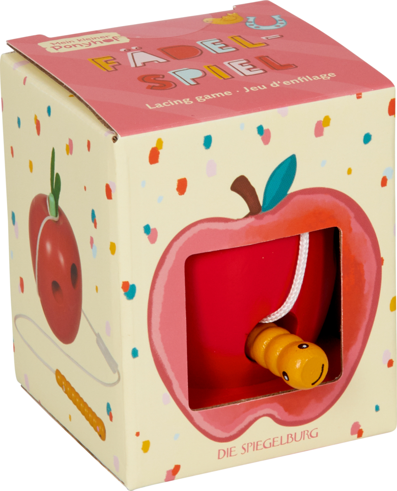 Schachtel mit einem durch ein Fenster sichtbaren roten Apfel-Schnürspielzeug, verziert mit bunten Punkten.