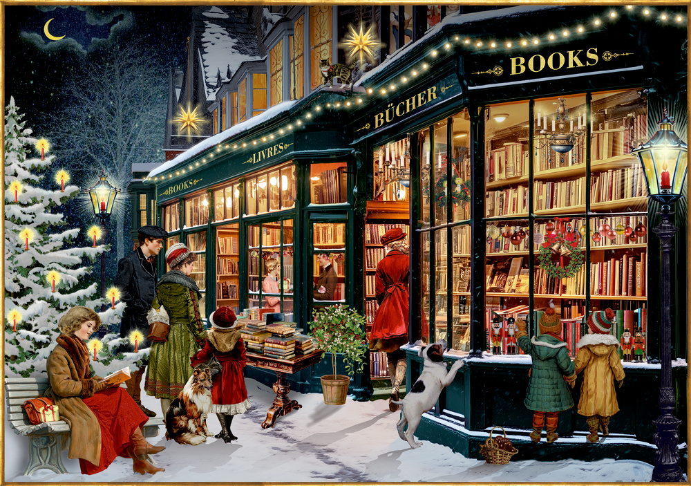 Menschen in Winterkleidung vor einer beleuchteten Buchhandlung mit Weihnachtsdekoration, Schnee und zwei Hunden auf der Straße.