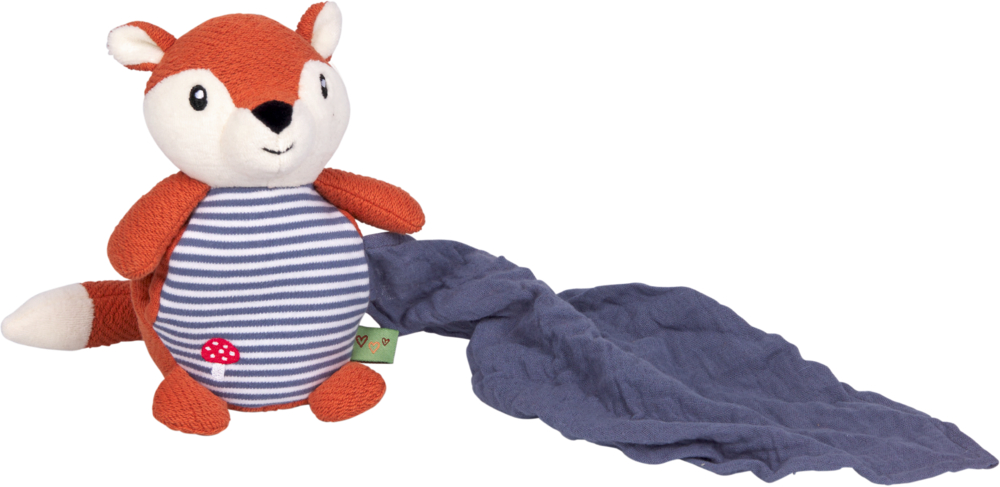 Plüschfuchs mit orange-weißem Kopf, blau-weiß gestreiftem Bauch und dunkelblauem Schnuffeltuch zum rausziehen.