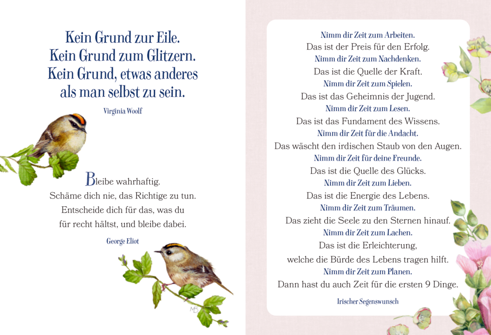 Zwei Textseiten mit Zitaten und Illustrationen kleiner Singvögel auf grünen Zweigen, umrahmt von Blumenornamenten.
