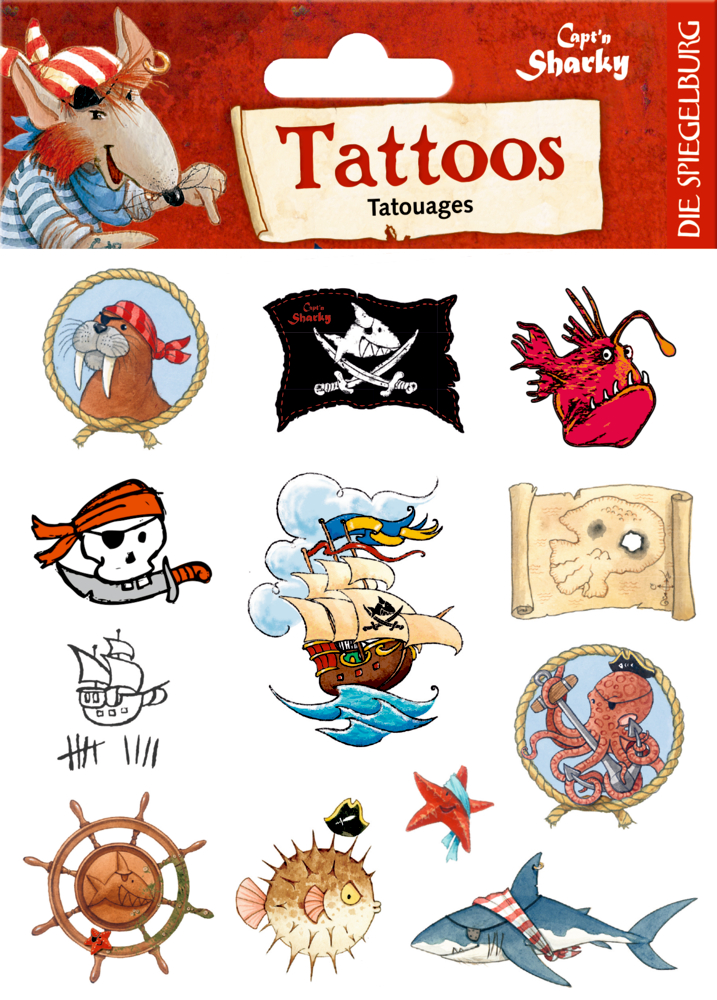 Temporäre Tattoos mit Piratenmotiven, Tieren, Schiffen, Totenköpfen, Schätzen und Meeresbewohnern.