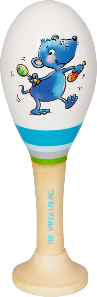 Maraca aus Holz mit einer blauen Comic-Maus mit Rassel und Trommelstock sowie einem blauen Streifen oben.