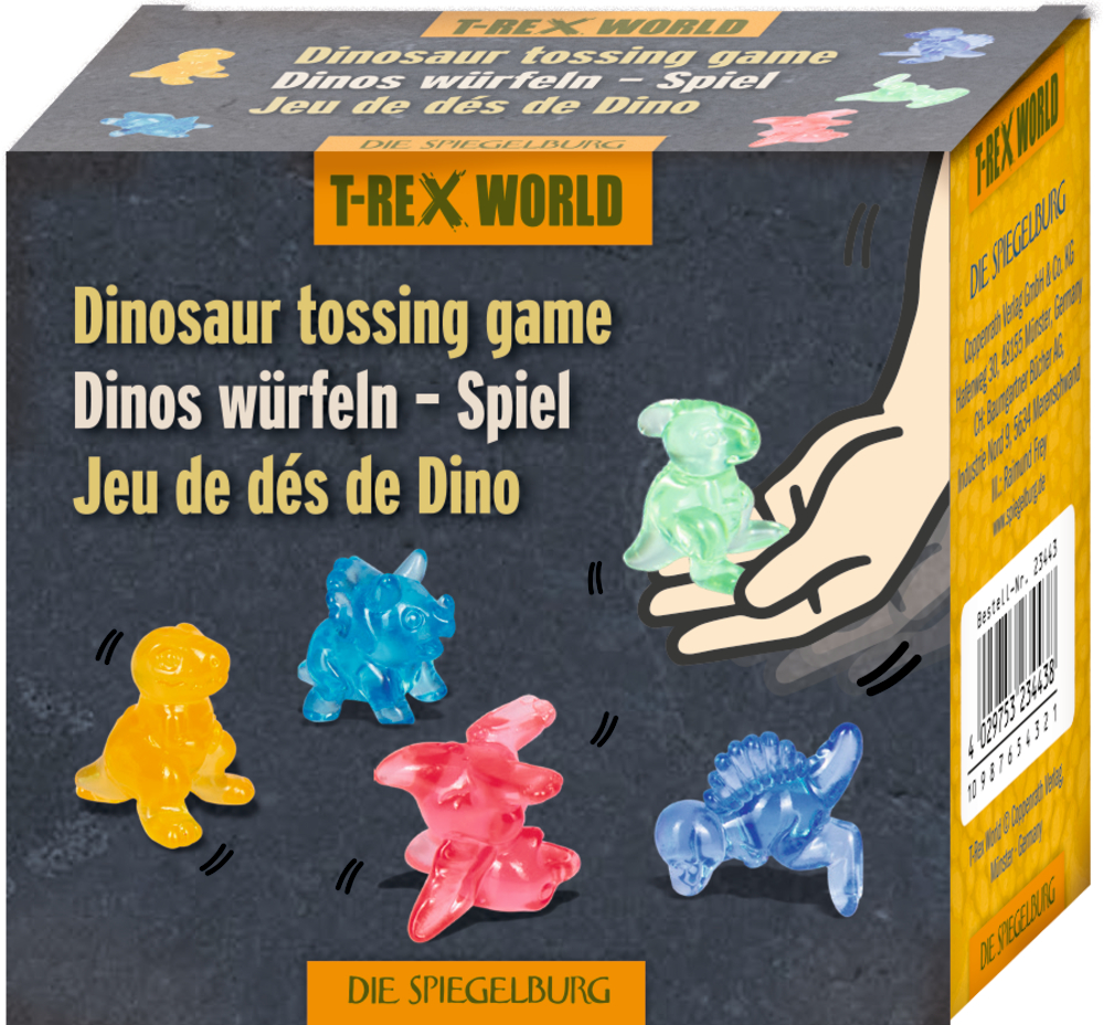 Verpackung eines Dinosaurier-Wurfspiels mit fünf bunten Dinofiguren in Gelb, Blau, Rot, Grün und Hellblau.