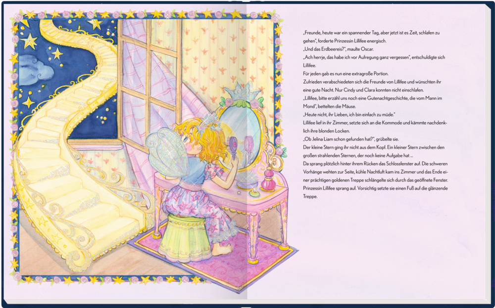 Eine Feenprinzessin sitzt am Schminktisch und blickt in den Spiegel, hinter ihr führt eine goldene Treppe in den Sternenhimmel.