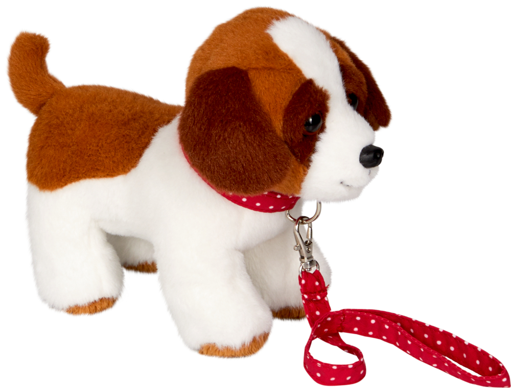Plüsch-Beagle mit braun-weißem Fell, der ein rot gepunktetes Halsband und eine passende Leine trägt.
