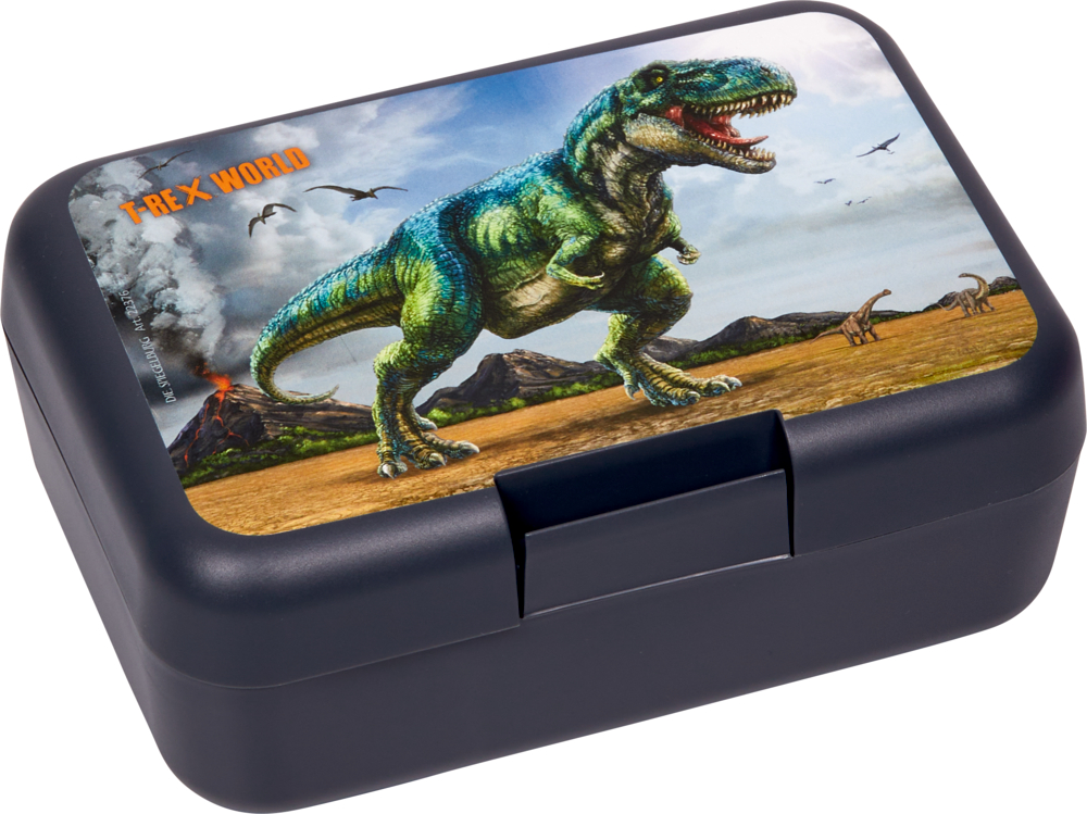 Schwarze Lunchbox mit einer farbenfrohen T-Rex-Dinosaurierillustration und dem Text „T-REX WORLD“ auf dem Deckel.