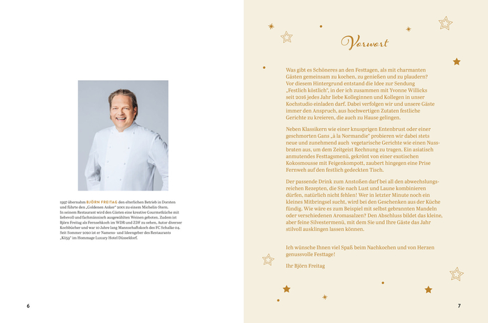 Rechts Text auf Beige mit STernen, links das Fotos eines Mannes mit einem dazugehörigen Text.