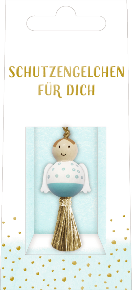 Verpackung mit kleinem Engel-Ornament und dem Text „Schutzengelchen für dich“ darüber.
