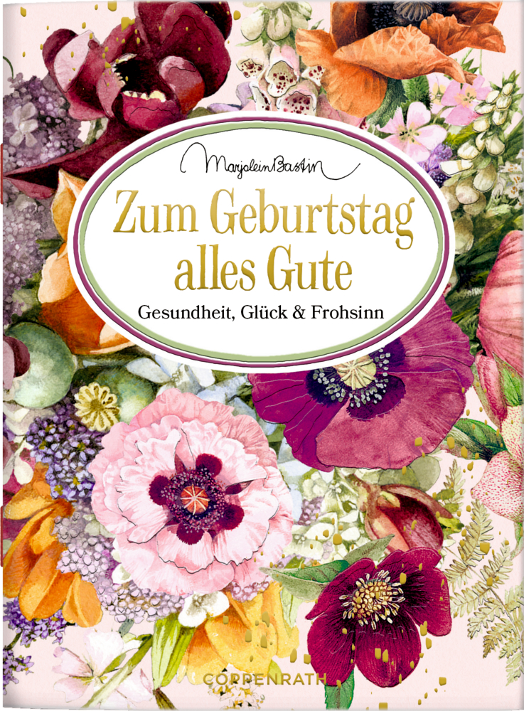 Der Titel "Zum Geburtstag alles Gute" ist auf einem geblümten Cover abgebildet.