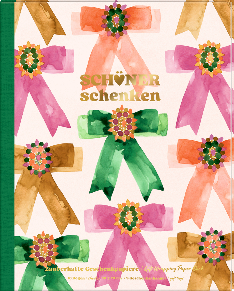 Buchcover mit bunten Aquarellschleifen in Rosa, Grün und Braun sowie goldener Aufschrift „Schöner schenken“.