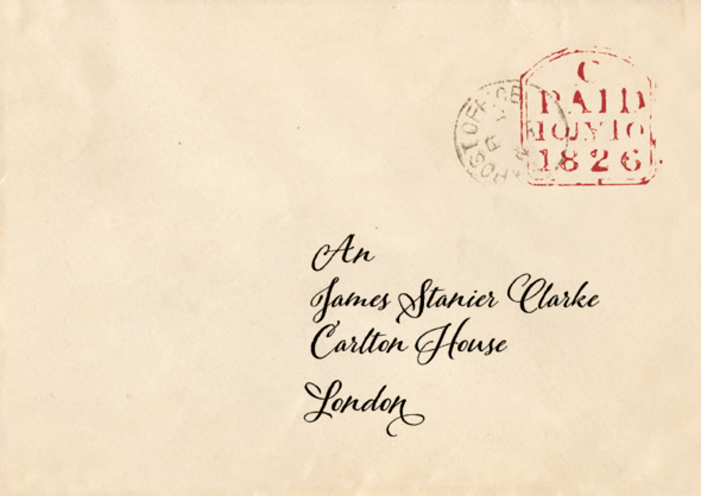 Alter Umschlag an James Stanier Clarke, Carlton House, London; trägt einen roten Poststempel von 1826.