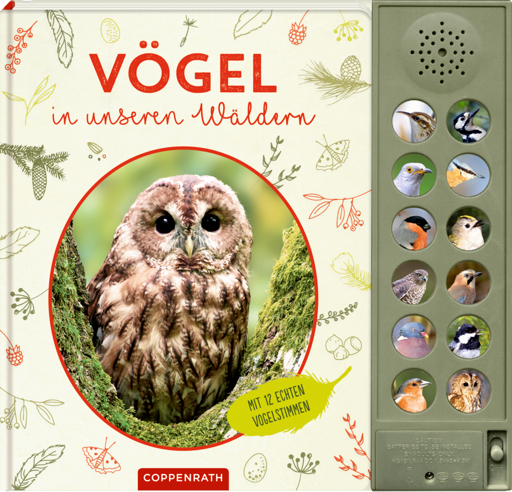 Buchcover mit einem Eulenfoto mit runden Buttons mit Vogelgesichtern und dem Titel: „Vögel in unseren Wäldern“.