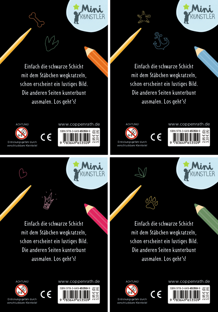 Vier schwarze Malbuchrückseiten mit Buntstiften und kleinen Symbolen wie Knochen, Anker, Krone oder Pfote.