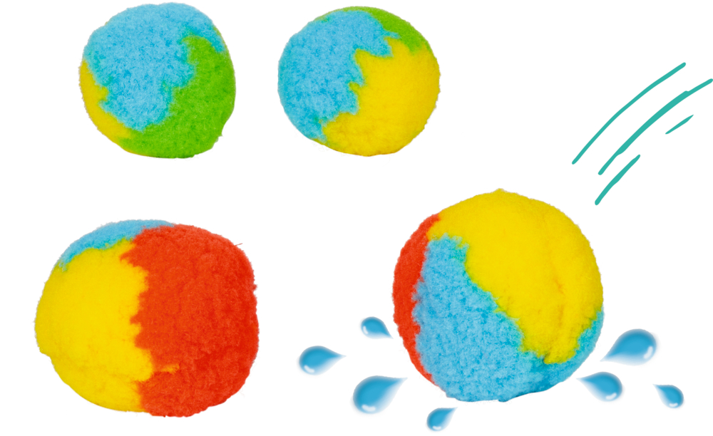Vier bunte Schwammbälle, von denen einer hüpft und Wasser spritzt.