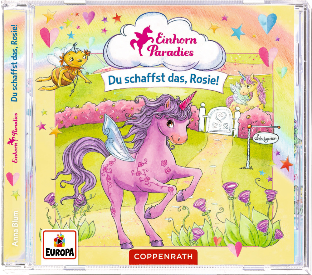 CD-Cover: Ein fröhliches pinkfarbenes Einhorn läuft durch einen bunten Blumengarten mit Biene und weißem Tor im Hintergrund.