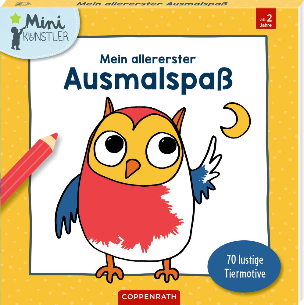 Malbuch-Cover mit einer Eule und einem roten Stift. Text für Kinder ab 2 Jahren.