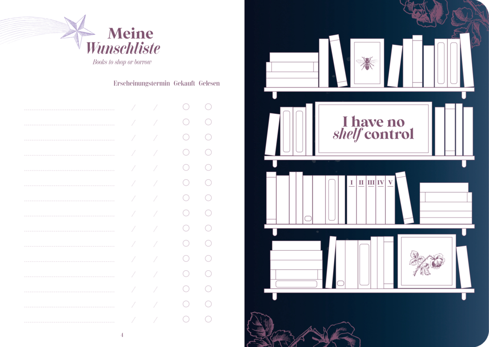 Links Liste für Bücherwünsche mit Spalten, rechts drei Bücherregale mit Büchern und gerahmten Bildern.